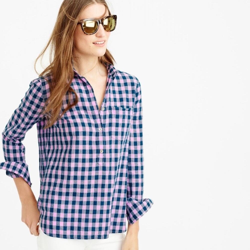 J. Crew Blue Lilac Gingham Check Woven 100% Cotton Popover Collared Shirt SIZE 4 - Picture 2 of 10